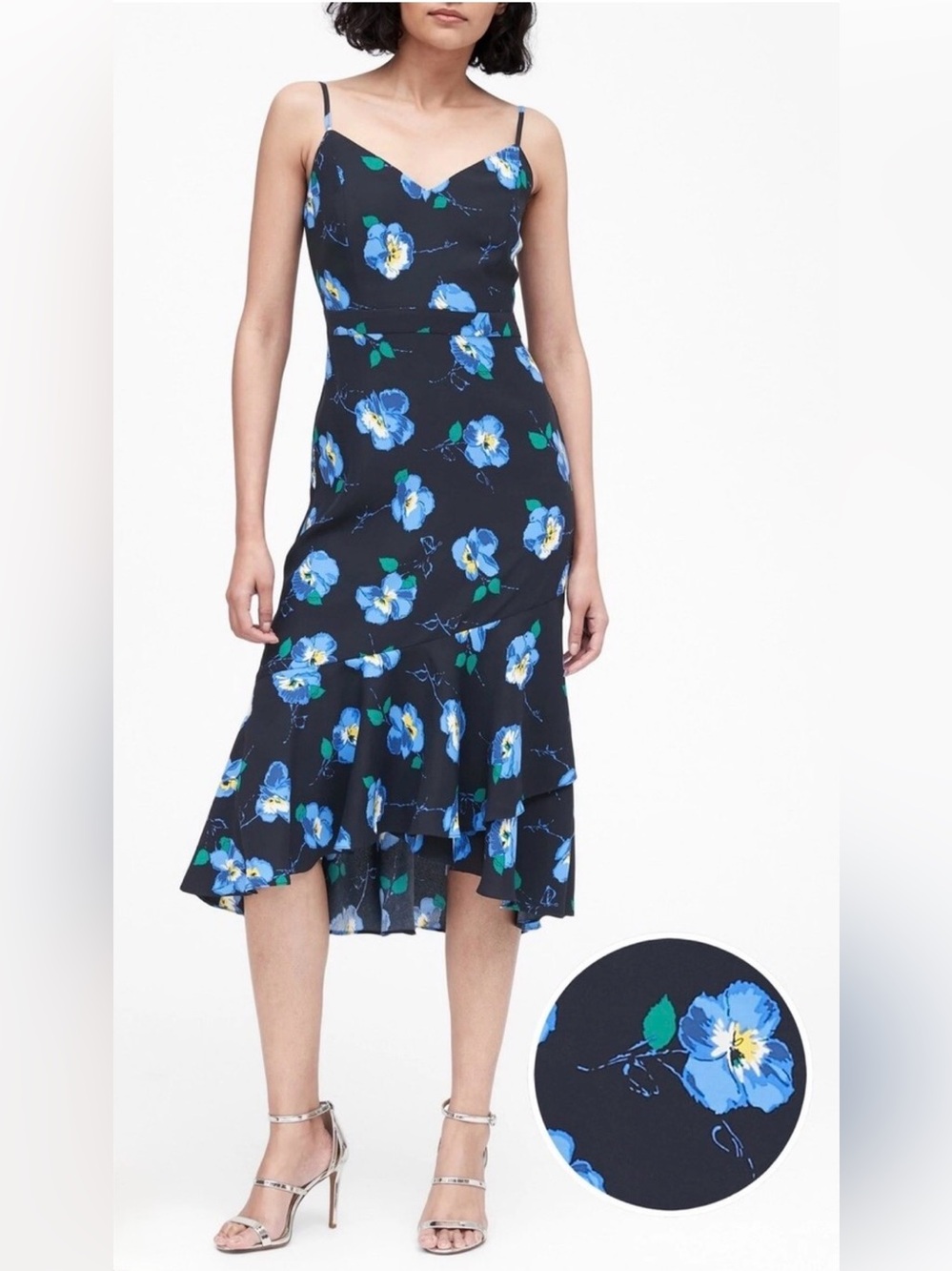 Banana Republic Navy Pansy Midi Sheath Spaghetti Straps Floral